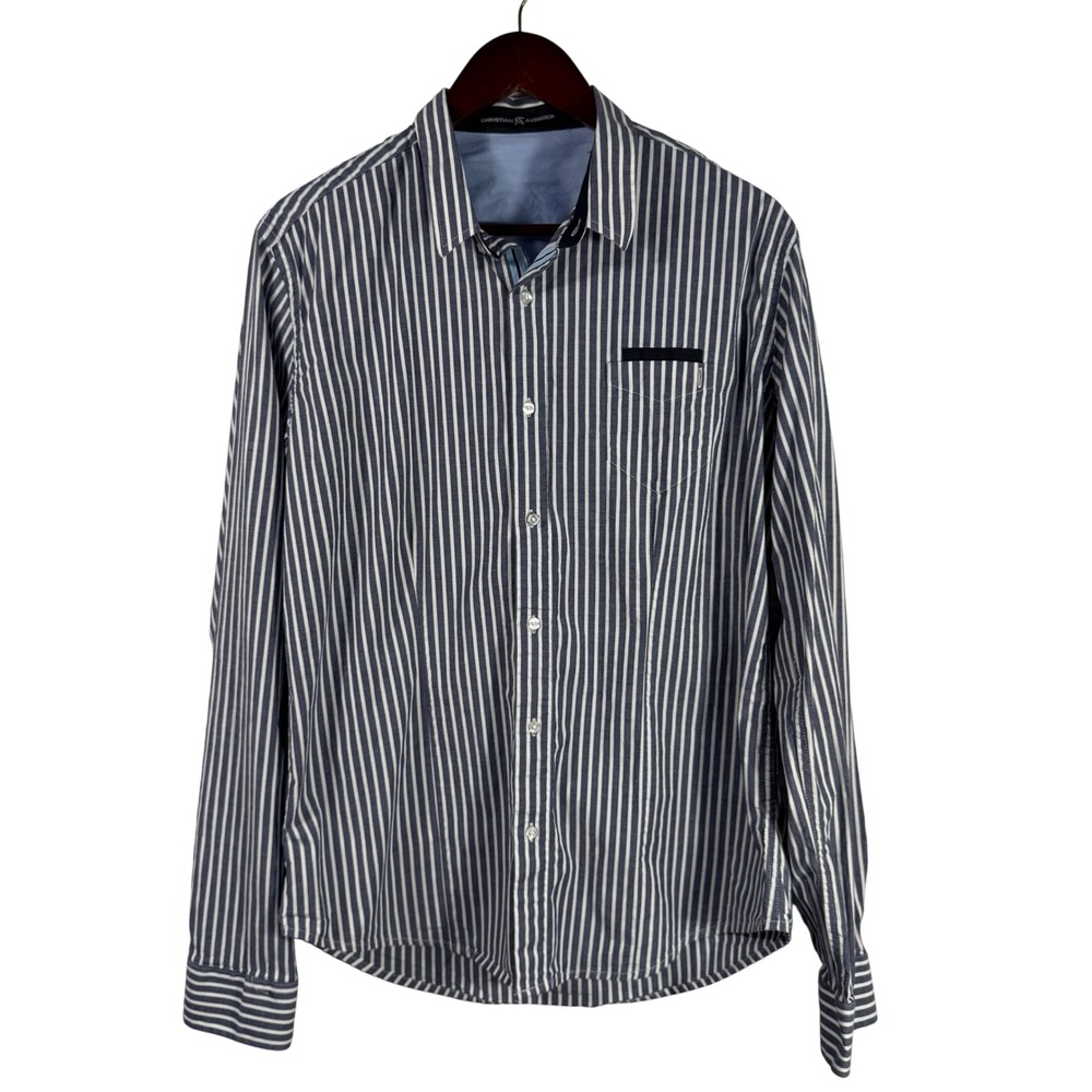 Christian‎ Audigier Blue & White Striped Button-Down Shirt Long Sleeves Men's L